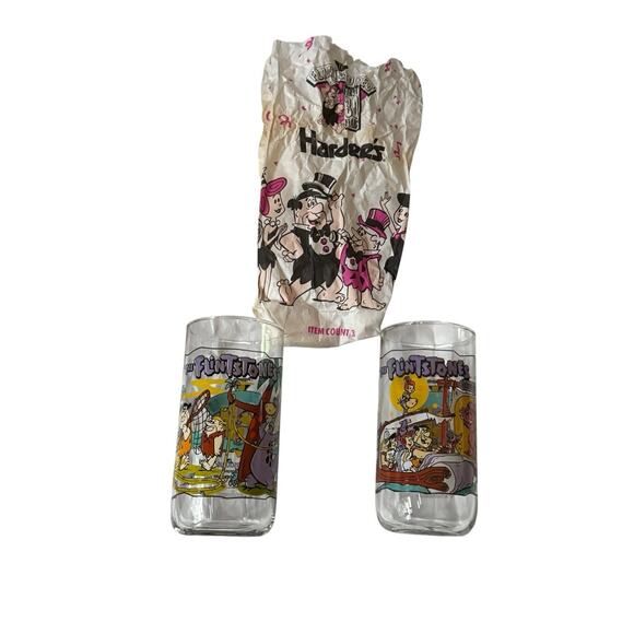 VTG 1991 The Flintstones Hardees Glasses + 1 Original Bags 30 Years Barney Bam - Picture 1 of 4